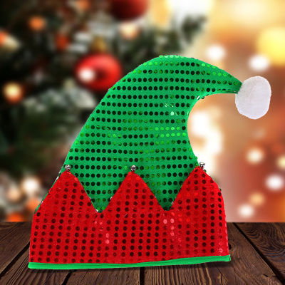 หมวกหมวกเอลฟ์คริสมาสต์เลื่อมหมวกซานตายืดหยุ่นสูงสองสีสำหรับของขวัญเครื่องประดับปีใหม่
