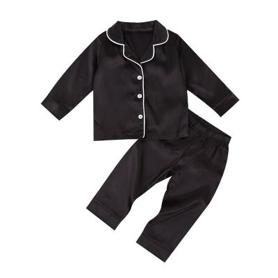 Baby Boy Black Satin Silk Pajama Sets Sleepwear Long Sleeve Top Pants 1-7Y Toddler Kids Children Summer Fall Casual Nightshirt