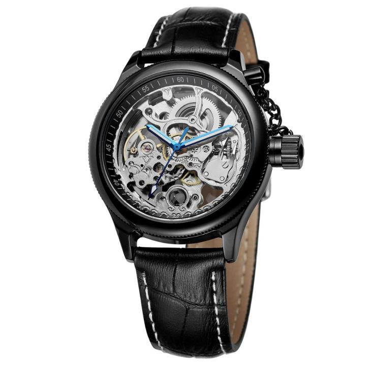 men39ลำลอง-s-นาฬิกาเคสกลมสีดำและหน้าปัดสีน้ำเงินสายหนังสีดำมืออัตโนมัตินาฬิกากลไกวันหยุด