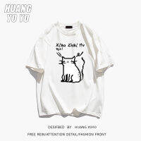 HUANGYOYO เสื้อยืดผู้หญิงลาย100% แมวกราฟฟิตีแบบเรียบง่ายเสื้อยืดผ้าฝ้ายแขนสั้นพิมพ์ลายตัวอักษร