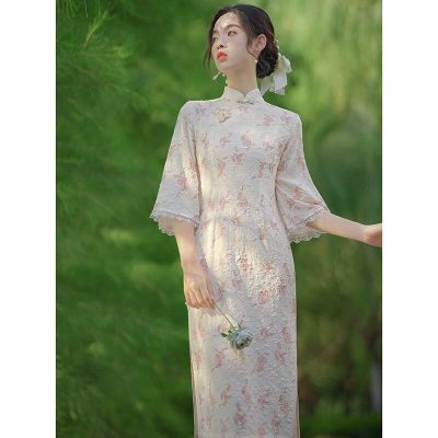 【คลังสินค้าพร้อม】 Cheongsam ลูกไม้ลายดอกไม้สีขาวฤดูร้อนชุดสาววินเทจแห่งชาติจีนแขนหลวมผู้หญิงเดรส S ถึง2XL