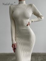 【YF】 Nadafair Turtleneck Skinny Knitted Sweater Dresses Bodycon Long Sleeve Women Elegant Casual Midi Dress Autumn White Rib Vintage