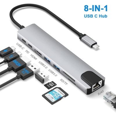 USB C Hub Tipe C 3.1 Ke 4K Adaptor HDMI dengan RJ45 Ethernet SD/TF Pembaca Kartu PD Thunderbolt 3 untuk MacBook Pro IPad Air Xiaomi
