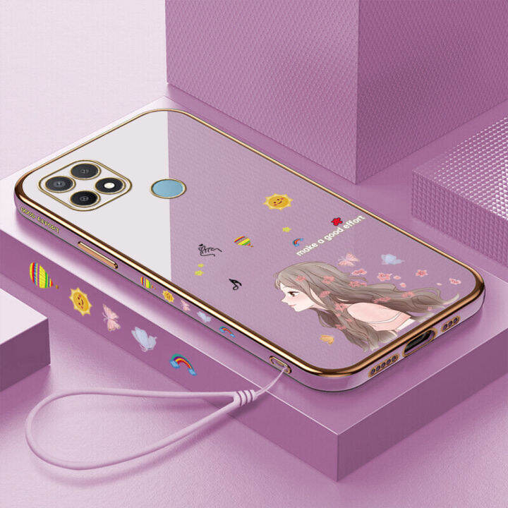 คลังสินค้าพร้อม-เคสเคสมือถือสำหรับ-oppo-a15-a15s-พร้อมฟรีสายคล้อง-ลายการ์ตูนผีเสื้อหญิงสาวขอบสี่เหลี่ยมชุบเคลือบฝาหลังนิ่ม