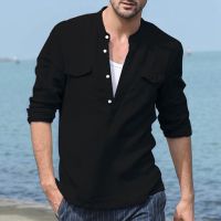 Mens Cotton and Linen Material Long Sleeve Shirt Fashion Stand Collar Loose Half Cardigan Linen Shirt