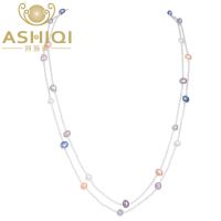 ASHIQI 120CM Long Multi Color Baroque Fresh Water Pearl Necklace, Crystal Beads Necklace ,  925 Sterling Silver Clasp