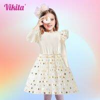 VIKITA Girls Clothing Girls Star Sequins Vestidos Autumn Princess Cotton Kids Children Clothes Dresses Knitting Warm