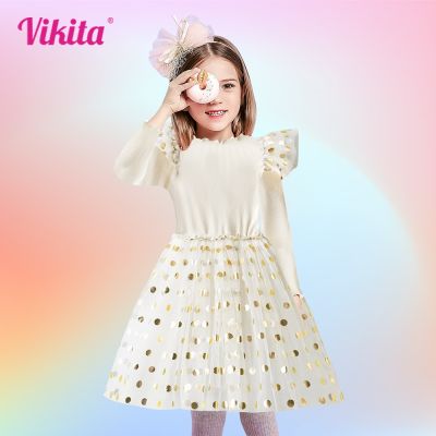 VIKITA Girls Clothing Girls Star Sequins Vestidos Autumn Princess Cotton Kids Children Clothes Dresses Knitting Warm