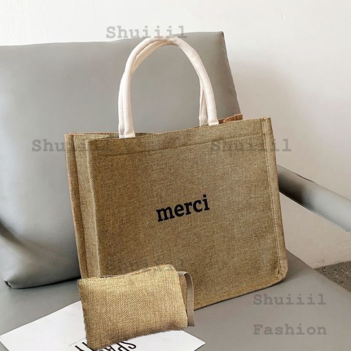 Merci Abaca Simple Canvas Tote Bag Classic Large Shoulder Bag For