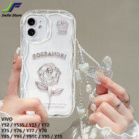 เคสลายกุหลาบผีเสื้อคริสตัลหรูหราของ JieFie สำหรับ VIVO Y52 / Y53S / Y55 / Y72 / Y75 / Y76 / Y77 / Y78 / Y85 / Y93 / Y91C / Y95 / Y1S เคสนิ่มโปร่งใสขอบหยักพร้อมสร้อยข้อมือ