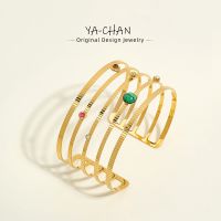 【YF】 YACHAN 18K Plated Gold Stainless Steel Wide Bangle Bracelet For Women Natural Stone Zircon Hollow Bracelets Trendy Jewelry Gift