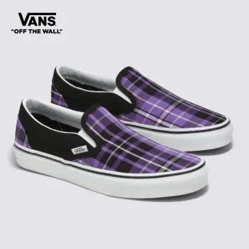 Purple black checkerboard store vans slip ons