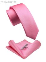 ❈ 2.4 Solid Color Skinny Mens Ties Pink Silk Necktie Pocket Square Clip Set Luxury Neckties For Man Accessories Wedding Party