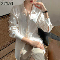 XIYUYI 2024ใหม่ฤดูใบไม้ผลิและฤดูใบไม้ร่วงสีขาวเสื้อเชิ้ตสีทึบสง่างาม