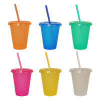 6pcs Reusable Shiny Home 500ml Coffee Kitchen Practical Safe Vivid Colors For Party Portable Travel With Lid Straws Outdoor Comfortable Grip Plastic Cups