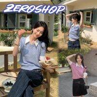 Zero shop?พร้อมส่ง? (Zero-50062-3) เสื้อไหมพรมแขนสั้น คอปก 2ชั้นติดกัน ดีเทลเสื้อลายเปีย