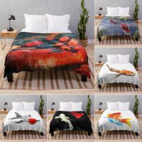 New Style Koi Flannel Throw Blanket Red Golden Lucky Fish Lake Pattern King Queen Full Size for Living Room Bed Couch Lightweight Warm