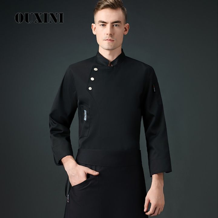 เสื้อเชฟสีเทาแขนยาวเครื่องแบบร้านอาหารผู้หญิงและผู้ชาย-ชุดทำอาหารสีดำสำหรับใส่ในครัวเบเกอรี่
