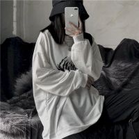 goth bottoming shirt equipped with men women autumn Korean vintage printing loose bf O-neck long-sleeved T-shirt white top