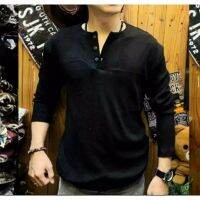 CODLiang Te HITAM Henley Black Plain Long Sleeve Button-Up T-Shirt./ Mens Long-Sleeved plos T-Shirt/Contemporary T-Shirt/Simple T-Shirt/Latest T-Shirt.