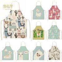 Llama Alpaca Cactus Printed Kitchen Apron Cotton Linen Sleeveless Aprons Women Kids Pinafore Anti-fouling Cleaning Waist Bib Aprons