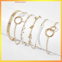 Hassanne 6ชิ้น/เซ็ต Boho Bracelet ชุดสตรีพู่ใบไม้สร้อยข้อมือวงกลม