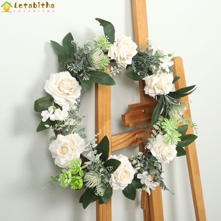 letabitha-พวงมาลาประดับบ้านจำลองพวงมาลัยดอกไม้กุหลาบประดิษฐ์ทำด้วยมือขนาด16นิ้วสำหรับประตูหน้า