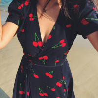 Plus Size Women Dress Cherry Print Short Sleeve Vintage French Dress V-neck Midi Dress Chiffon Summer Dress Vestidos 2021 S-4XL