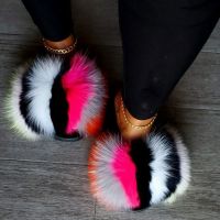 【CW】 2022 Summer Real Fox Fur Slippers Plush Fluffy Sandals Women Flat Slides Natural Fur Home Flip Flops Female Large Size Slipper