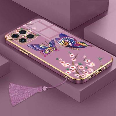 เคสสำหรับ Honor X8เป็นเกียรติ X8A เคสโทรศัพท์ลายผีเสื้อสุดหรูพร้อมกล้องรูปดอกไม้ขอบชุบทำจากซิลิโคนนิ่มฟรีสายคล้อง