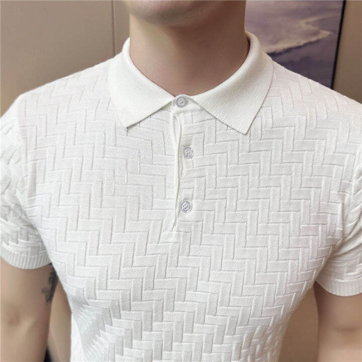 ผู้ชายฤดูร้อนลำลองแขนสั้นที่มีคุณภาพสูงถักเสื้อโปโลชายสลิมฟิตผ้าไหมน้ำแข็งลายสก๊อตที่เดินทางมาพักผ่อนเสื้อโปโลท็อปส์-s-3xl