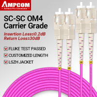 AMPCOM OM4 SC To SC UPC สายแพทช์ไฟเบอร์ออปติกมัลติโหมดเพล็กซ์ MMF 50/125μm 40Gbps โค้งงอสายไฟเบอร์ออปติก2.0มม.