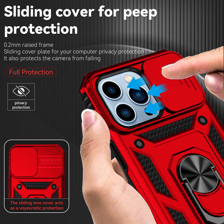 สำหรับ-iphone-13-pro-max-13-mini-case-พร้อมฝาครอบกล้องสไลด์-ที่วางแหวน360-ขาตั้งโลหะ-ทำงานสำหรับที่วางโทรศัพท์แม่เหล็กติดรถยนต์-drop-peep-protection