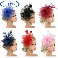 6URONGII ผู้หญิงสาว Fascinators ผม งานแต่งงาน ดอกไม้ตาข่าย ที่คาดผม ALICE กิ๊บติดผมขนนก หมวก fascinator ที่คาดผมงานเลี้ยงน้ำชา