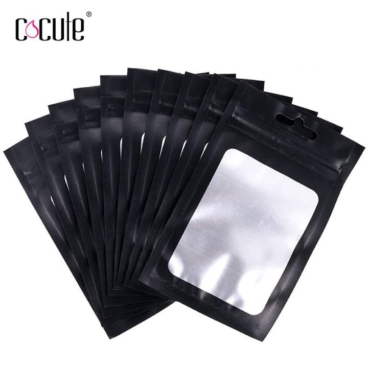 cocute-50100pcs-in-bulk-makeup-resealable-bag-holographic-pouch-black-packaging-pouch-cosmetic-bags