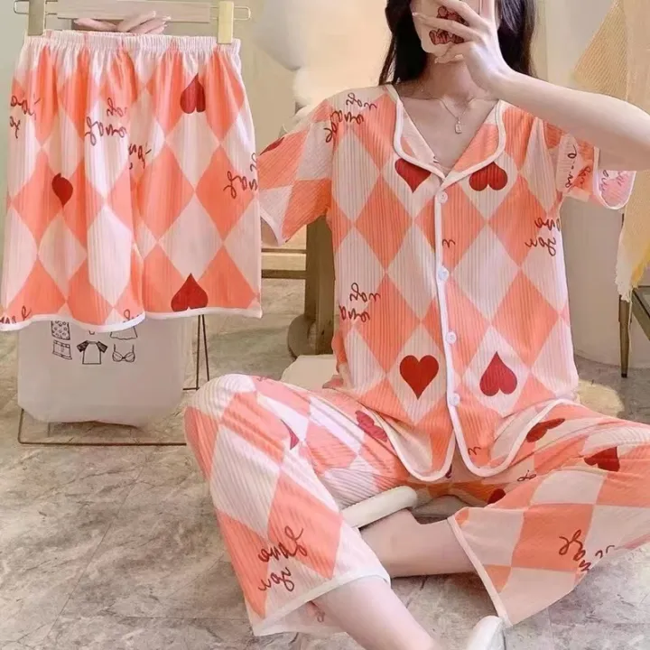 3in1 korean sleepwear fashion buttons lapel Short sleeve set sweet