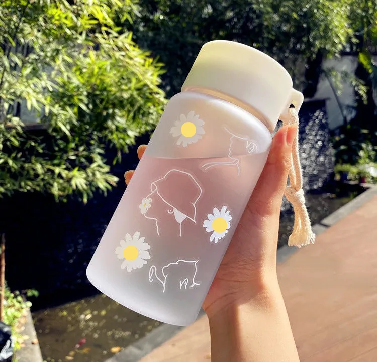 Cute Water Bottles Aesthetic Cute Water Bottles for Women Portable Kawaii  Little Daisy Frosted Glass Water