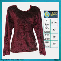 USED Your Sixth Sense - Red Striped Velvet Top | เสื้อแขนยาวสีแดง เสื้อกำมะหยี่ ลายทาง แขนยาว สีพื้น สาวอวบ แท้ มือสอง