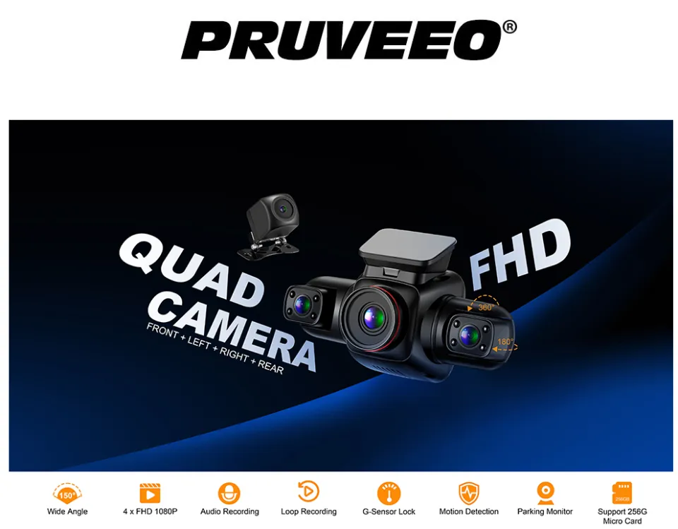 PRUVEEO Dash Cam, 4 Channel Camera FHD 1080Px4, Front Left Right and Rear,  Front and Rear Inside, Built-in GPS WiFi, Polarizing Lens CPL Filter, Free