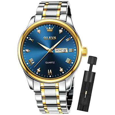 OLEVS Mens Gold Watches Analog Quartz Business Dress Watch Day Date Stainless Steel Classic Luxury Luminous Waterproof Casual Male Wrist Watches silver Stainless Steel Blue Dial