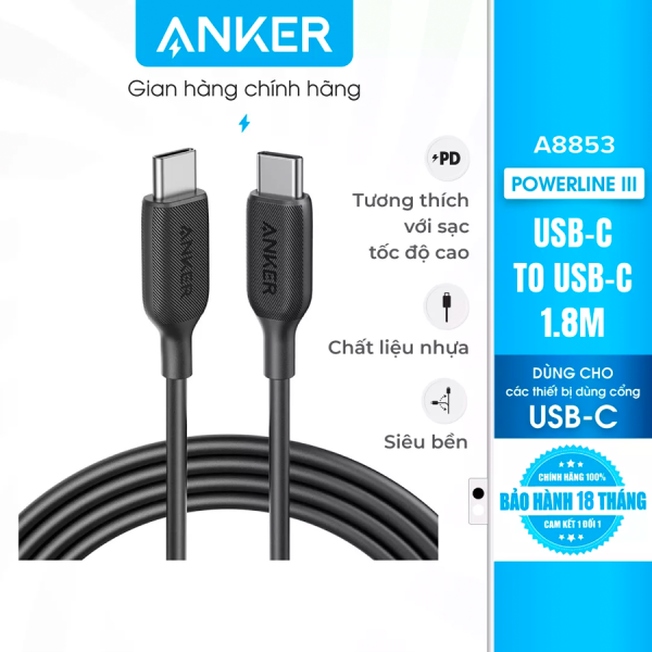 Cáp Anker PowerLine III USB-C to USB-C chuẩn 2.0 dài 1.8m – A8853