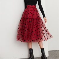 3 layers Mesh Ball Gown Skirt 2022 New Year Love Heart Polka Dot Pleated Voile Red Skirt Women Chic Long Tulle Ins Tutu Skirt