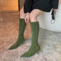 Fashion Women Knee Boots Sock Stretch Booties Autumn Winter Flock Botas Thin Low Heels Side Zipper Pointed Toe Pumps BlackGreen