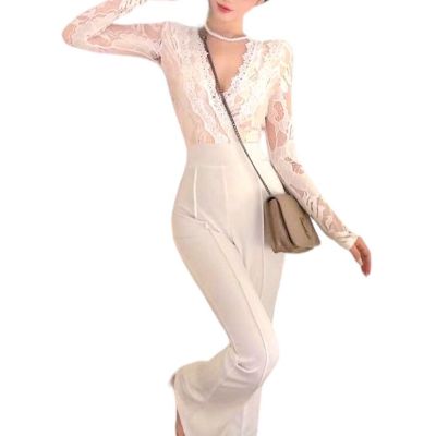 P017-005 PIMNADACLOSET - Long Sleeve V Neck Corded Lace Jumpsuit With Belted