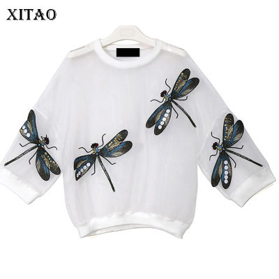 XITAO T-Shirts Embroidery Dragonfly Pattern Perspective Women Loose T-shirt