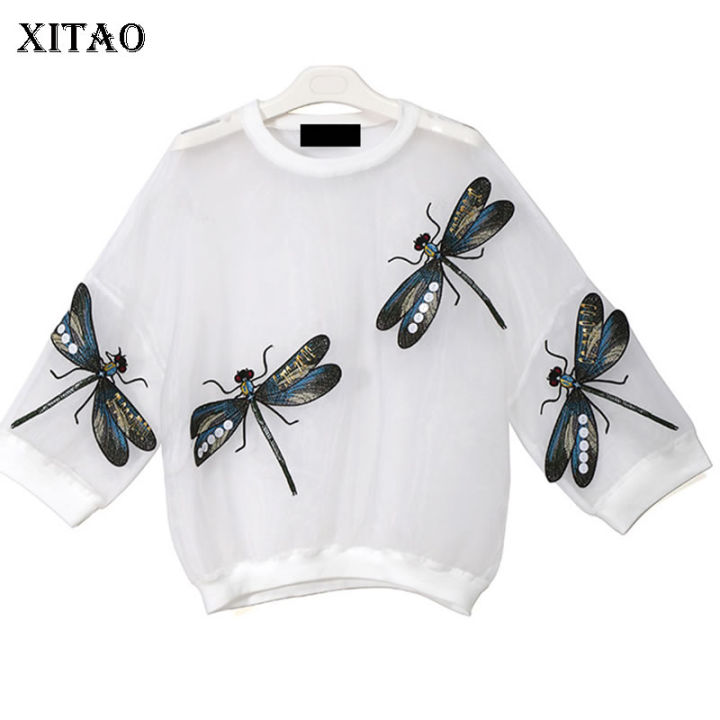 xitao-t-shirts-embroidery-dragonfly-pattern-perspective-women-loose-t-shirt