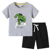 Hulks ชุดเสื้อยืดกางเกงขาสั้นสำหรับเด็กชายและหญิงพิมพ์ลายการ์ตูนแขนสั้นกางเกงกลางเสื้อยืดเด็กสำหรับฤดูร้อน2ชิ้นผ้าฝ้าย100%