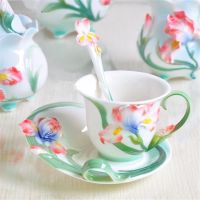 Iris Flowers Coffee Cups With Saucer Spoon Hadmade 3D Ceramic Tea Milk Mugs Set Breakfast Water Bottle Christmas Lover Gifts