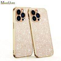 Casing berkilau untuk iPhone 14 Pro Max casing pelapisan emas penutup pelindung lensa Matel untuk iPhone 12 13 Mini 14 Plus Pro Max