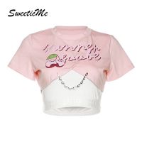 Sweeticme ใหม่ เสื้อยืดครอป แขนสั้น เอวลอย เข้ารูป พิมพ์ลายสะดือ สําหรับผู้หญิง 2022